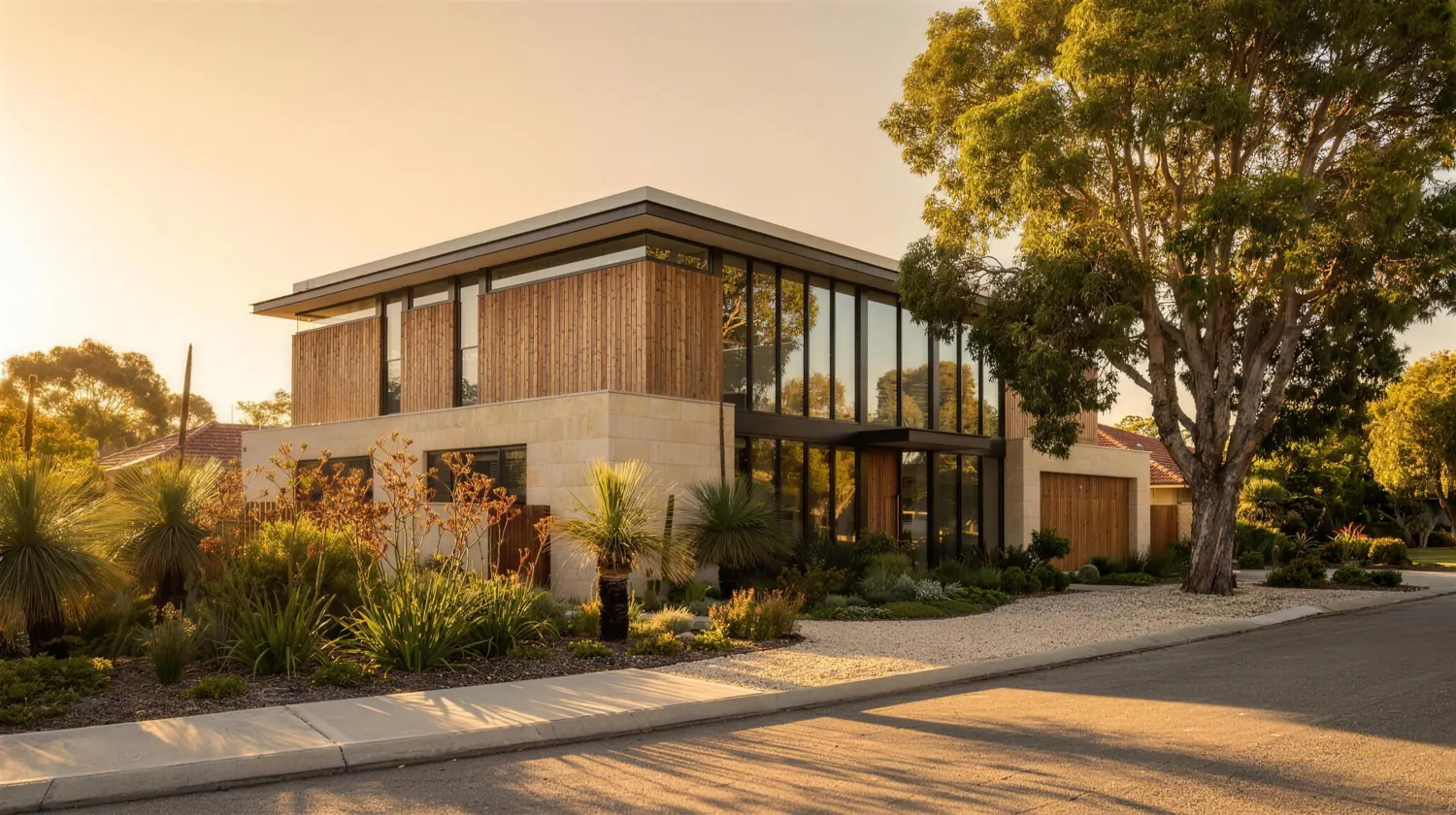A finished contemporary home seen from the street, sitting back behind a native garden.