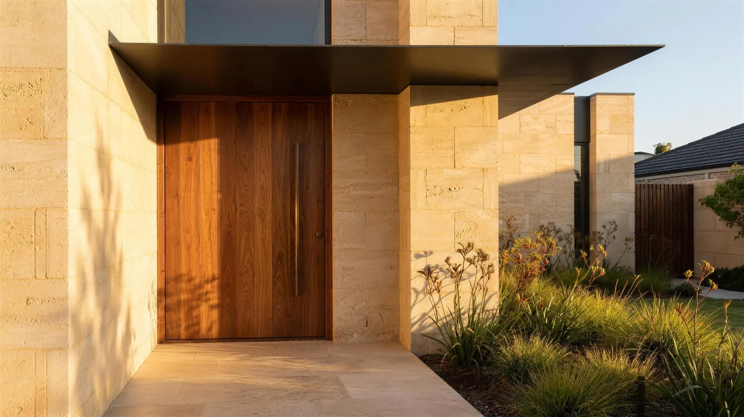 The entry of a finished home: a timber pivot door in a deep limestone reveal under a steel canopy.
